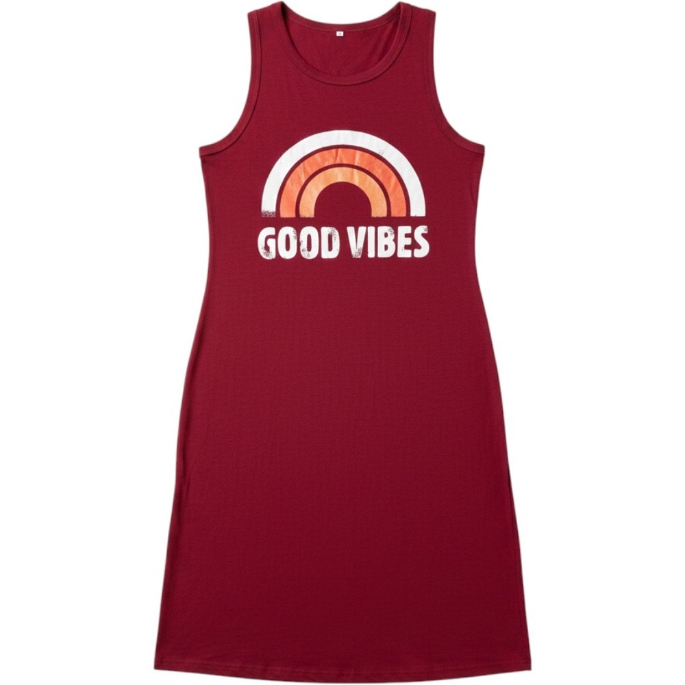Womens Good Vibes‎ Rainbow Graphic T-Shirt Dress Burgundy Sleeveless Size L